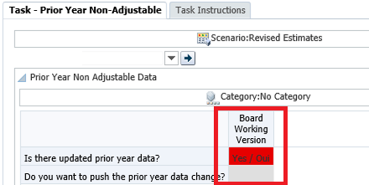 Highlighted board working version, selected yes/oui for is there updated prior year data